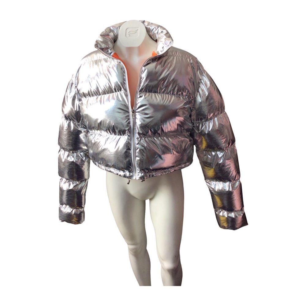 Silver Puffer Jacket with Orange Lining Size Medium - Picture 5 of 5